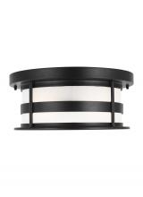 Generation Lighting 7890902EN3-12 - Wilburn modern 2-light LED outdoor exterior ceiling flush mount in black finish with satin etched gl